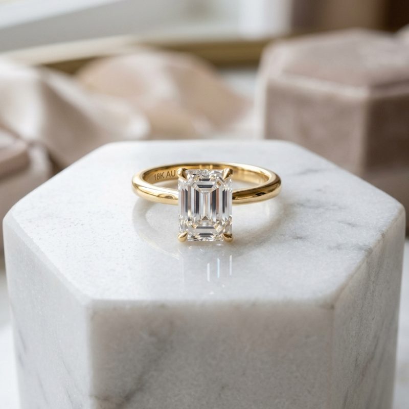 Anel Solitário Diamante Lapidação Esmeralda 18k